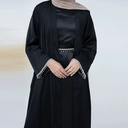 Ensemble 2 pièces mode modeste, robe abaya ouverte avec ceinture en cristal et robe intérieure sans manches