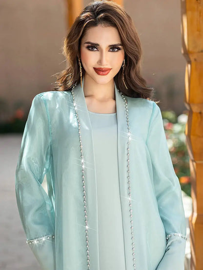 Ensemble 2 pièces avec strass cousus à la main, robe abaya ouverte et robe intérieure #255188