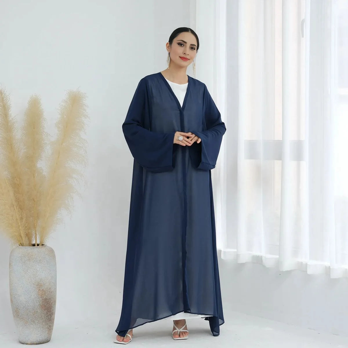 3 Pieces Set Open Abaya Dress Set With Inner Abaya Dress And Matching Hijab #25W842