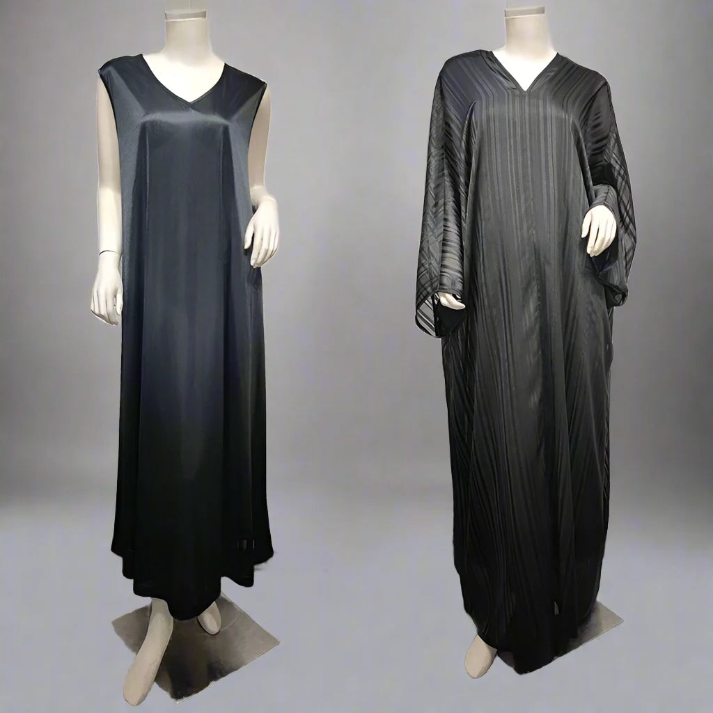 Ensemble 2 pièces robe abaya en jacquard brillant pour femme avec robe intérieure sans manches