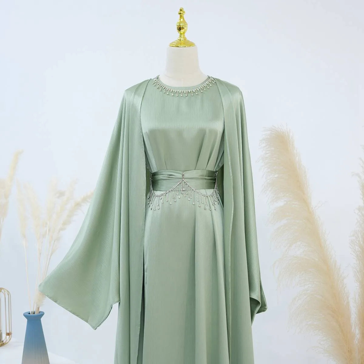 Ensemble 2 pièces en satin froissé, robe abaya ouverte #24806