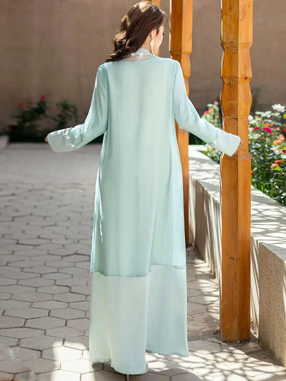 Ensemble 2 pièces avec strass cousus à la main, robe abaya ouverte et robe intérieure #255188