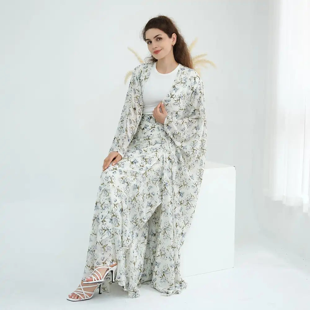 Ensemble 2 pièces en mousseline de soie imprimée, robe abaya ouverte avec jupe #251031