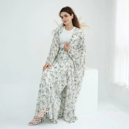 Ensemble 2 pièces en mousseline de soie imprimée, robe abaya ouverte avec jupe #251031