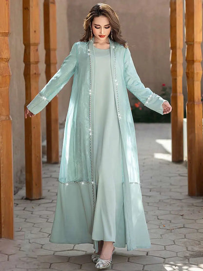 Ensemble 2 pièces avec strass cousus à la main, robe abaya ouverte et robe intérieure #255188