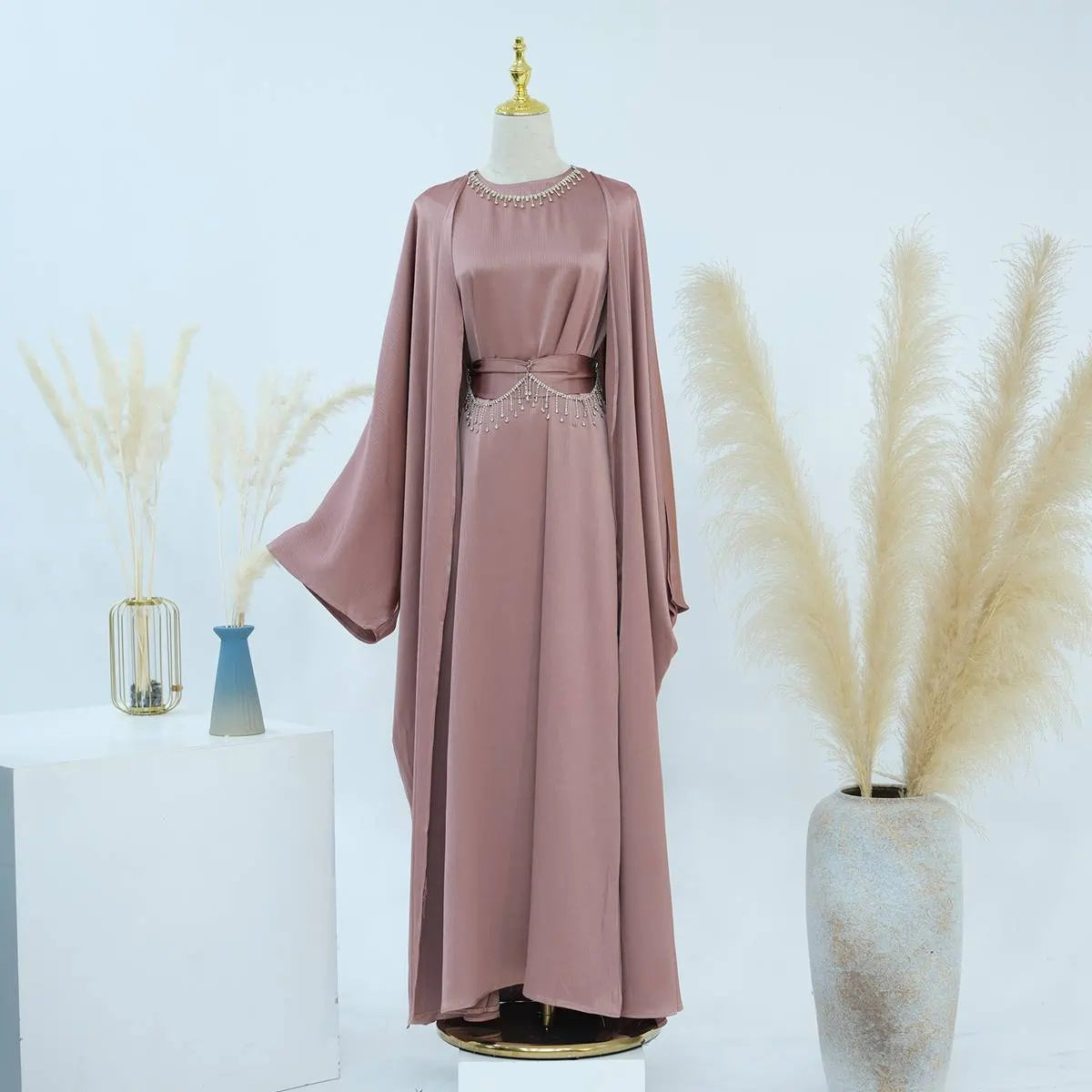 Ensemble 2 pièces en satin froissé, robe abaya ouverte #24806