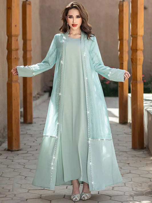 Ensemble 2 pièces avec strass cousus à la main, robe abaya ouverte et robe intérieure #255188