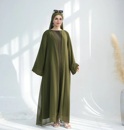 Ensemble 3 pièces : robe abaya ouverte en mousseline avec hijab assorti #25842