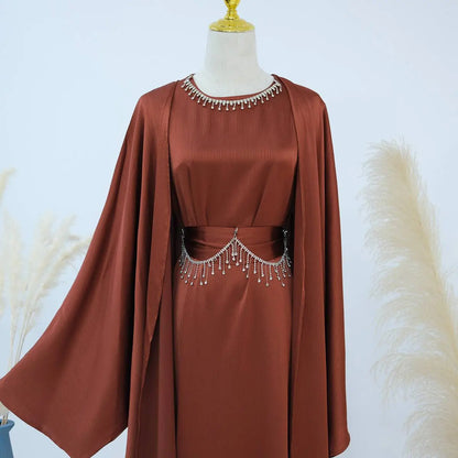 Ensemble 2 pièces en satin froissé, robe abaya ouverte #24806