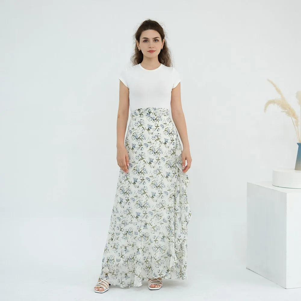 Ensemble 2 pièces en mousseline de soie imprimée, robe abaya ouverte avec jupe #251031