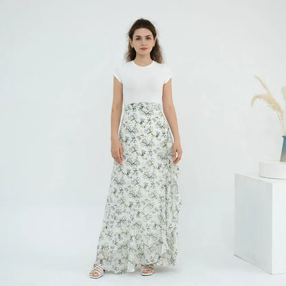 Ensemble 2 pièces en mousseline de soie imprimée, robe abaya ouverte avec jupe #251031