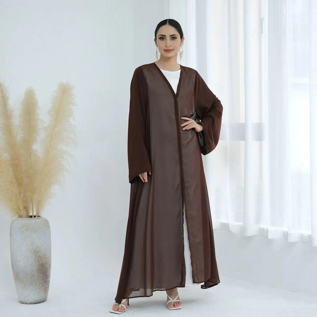 3 Pieces Set Open Abaya Dress Set With Inner Abaya Dress And Matching Hijab #25W842