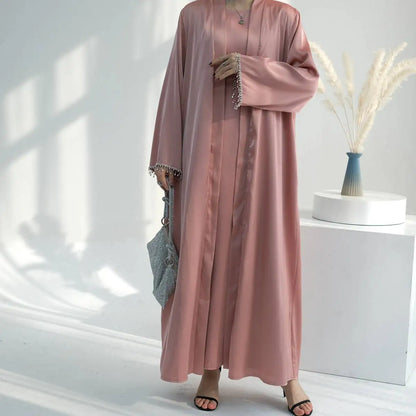 Ensemble 2 pièces mode modeste, robe abaya ouverte avec ceinture en cristal et robe intérieure sans manches