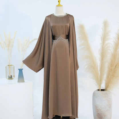 Ensemble 2 pièces en satin froissé, robe abaya ouverte #24806
