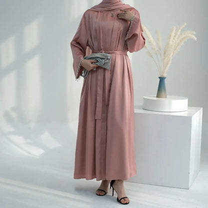 Ensemble 2 pièces mode modeste, robe abaya ouverte avec ceinture en cristal et robe intérieure sans manches