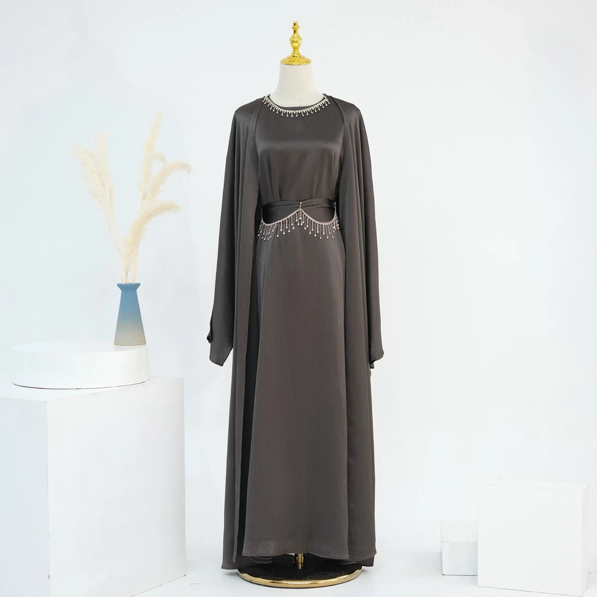 Ensemble 2 pièces en satin froissé, robe abaya ouverte #24806