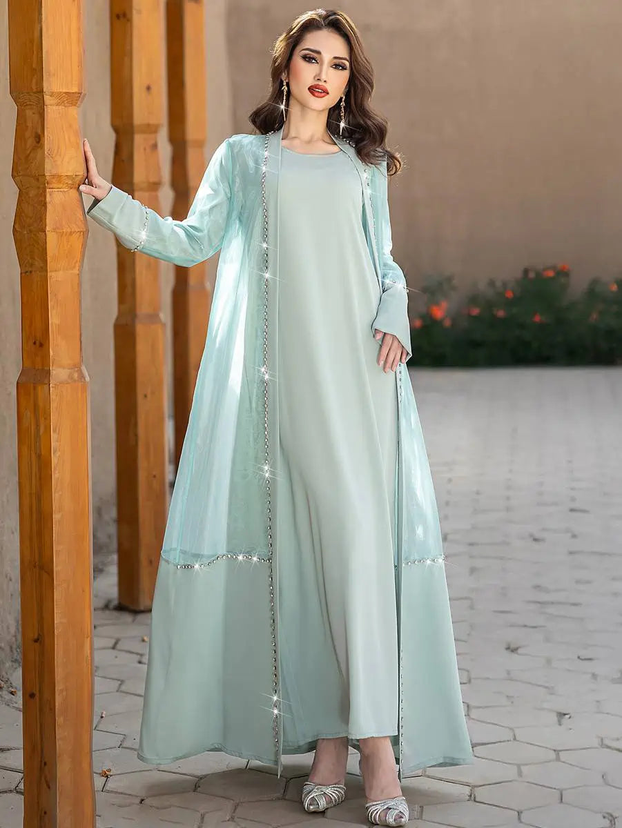 Ensemble 2 pièces avec strass cousus à la main, robe abaya ouverte et robe intérieure #255188