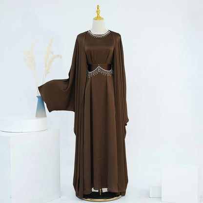 Ensemble 2 pièces en satin froissé, robe abaya ouverte #24806