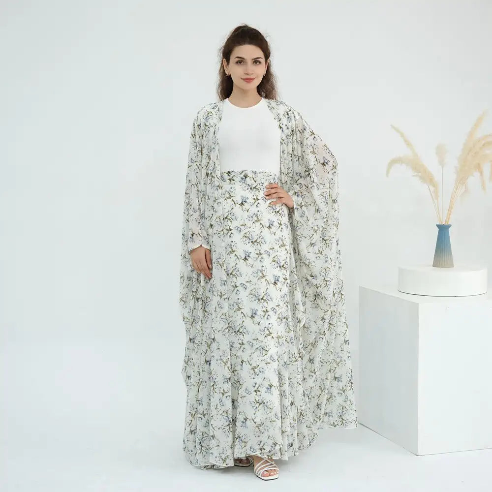 Ensemble 2 pièces en mousseline de soie imprimée, robe abaya ouverte avec jupe #251031
