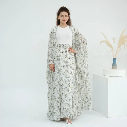 Ensemble 2 pièces en mousseline de soie imprimée, robe abaya ouverte avec jupe #251031