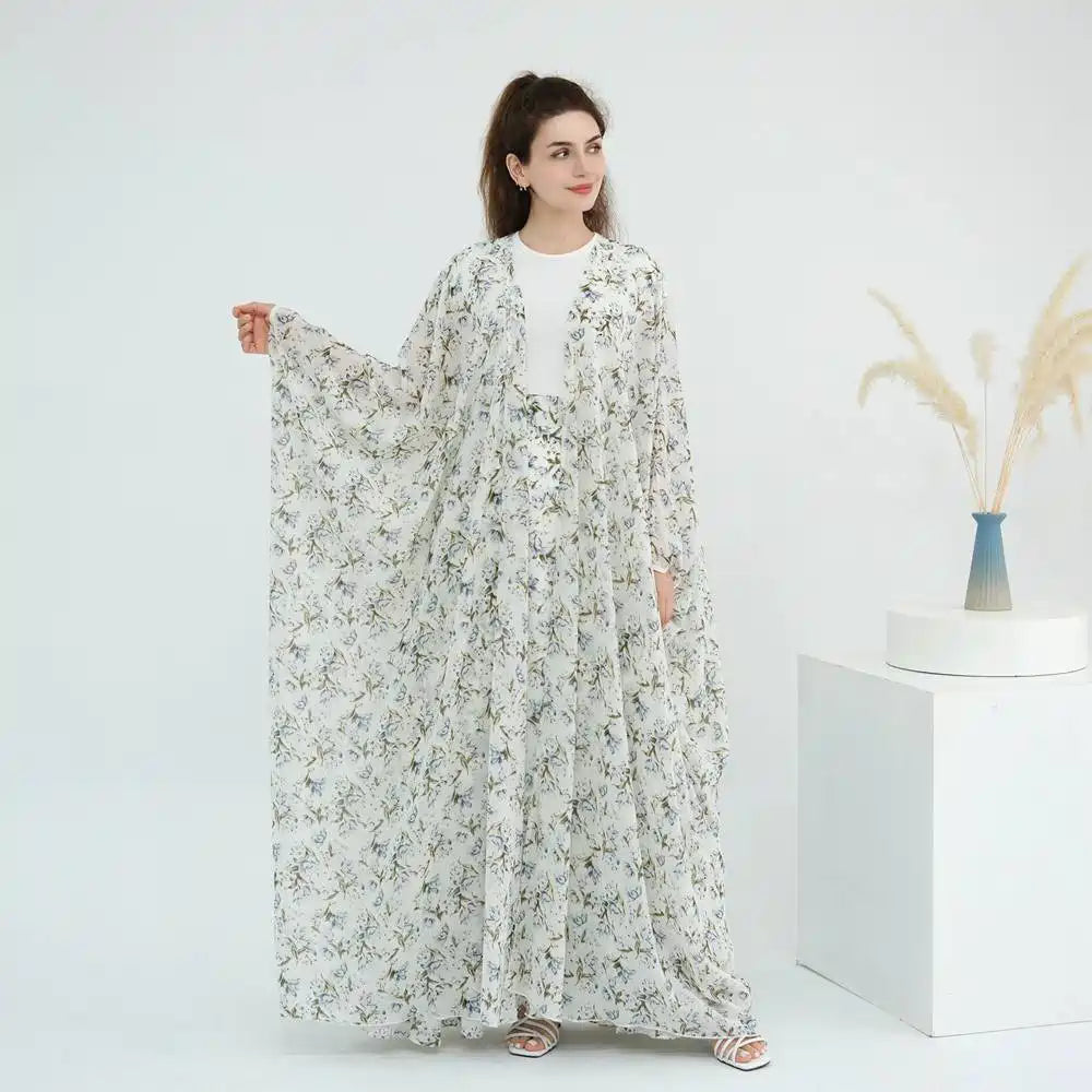 Ensemble 2 pièces en mousseline de soie imprimée, robe abaya ouverte avec jupe #251031
