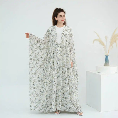 Ensemble 2 pièces en mousseline de soie imprimée, robe abaya ouverte avec jupe #251031