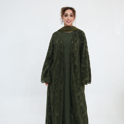 Double-layer Lace Fabric Open Abaya Dress - Black/Coffee/Army Green - #261276