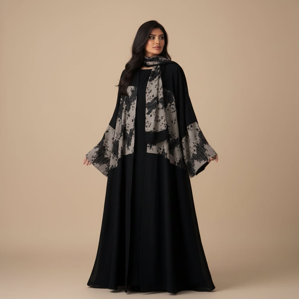 Muslim Women Cardigan Open Abaya Dress With A Matching Hijab - Black - #26M299