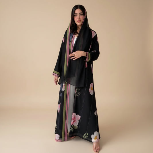 Muslim Women Printed Cardigan Open Abaya Dress With A Matching Hijab #26M288