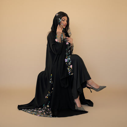 Muslim Women Floral Lace Cardigan Open Abaya Dress With A Matching Hijab #26M282