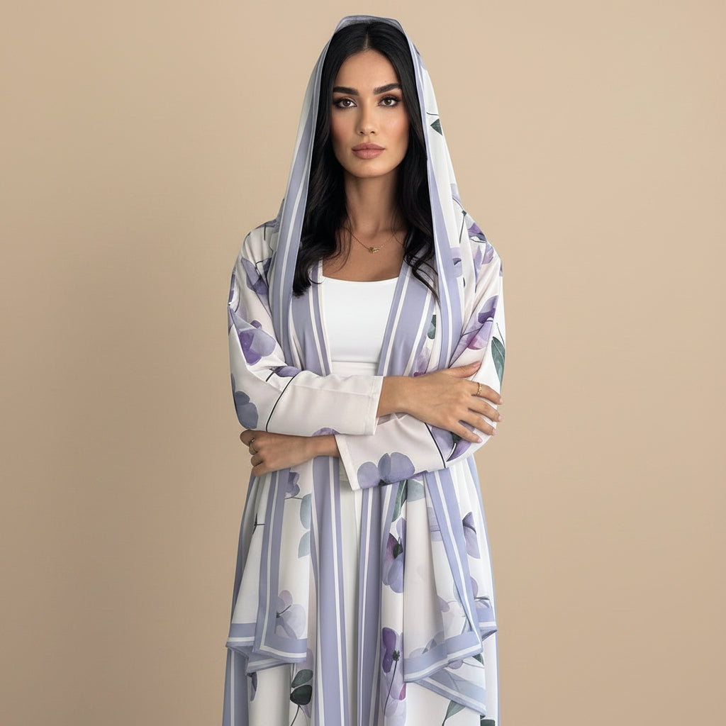 Muslim Women Printed Open Abaya Dress - With A Matching Hijab - Black/White - #26M290