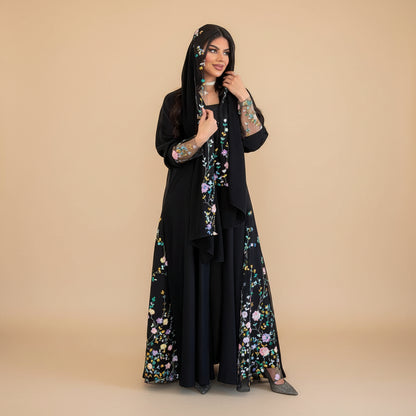 Muslim Women Floral Lace Cardigan Open Abaya Dress With A Matching Hijab #26M282
