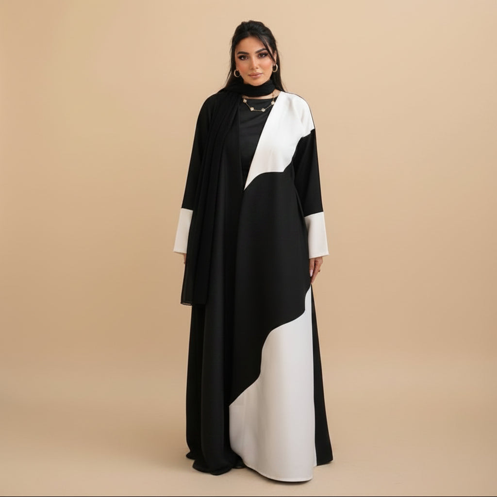 Muslim Women Black and White Patchwork Cardigan Open Abaya Dress #26M285