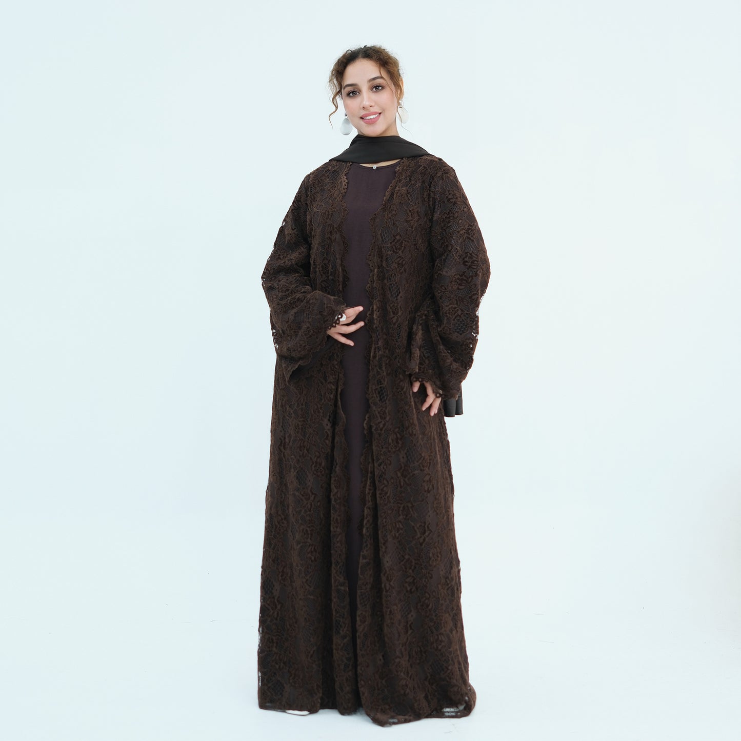 Double-layer Lace Fabric Open Abaya Dress - Black/Coffee/Army Green - #261276