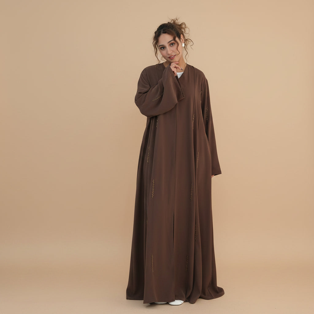 Hand beading Open Abaya Dress For Women - Coffee/Black/Dark Gray/Pink - #261106