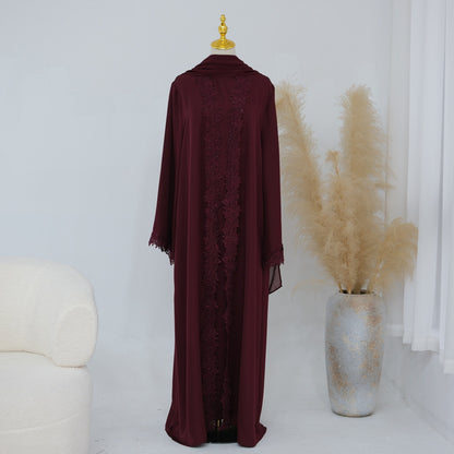 3 Pieces Set Lace Open Abaya Dress - With Inner Sleeveless Abaya Dress And A Matching Hijab - #261191