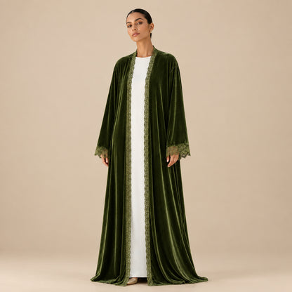 Muslim Women Lace Trimming Velvet Open Abaya Dress #261385