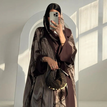 Robe abaya ouverte en mousseline imprimée avec hijab assorti #25222