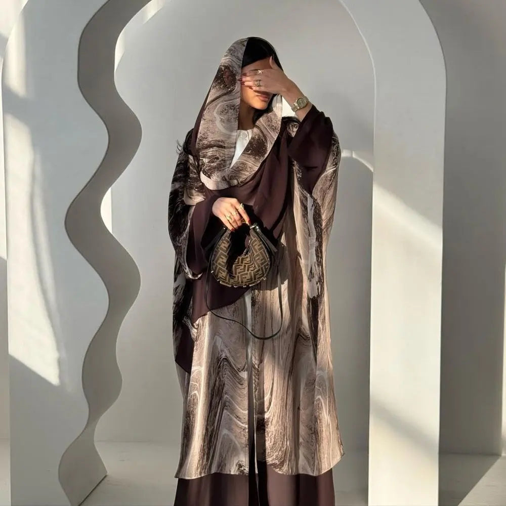 Robe abaya ouverte en mousseline imprimée avec hijab assorti #25222
