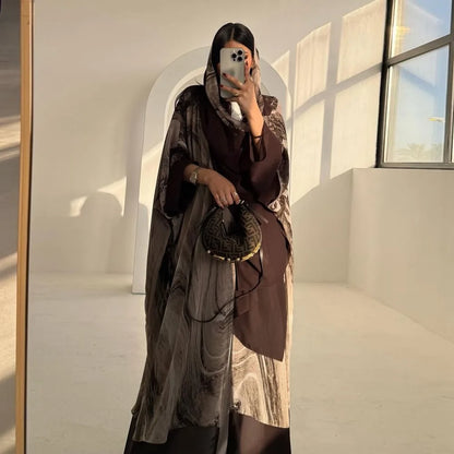 Robe abaya ouverte en mousseline imprimée avec hijab assorti #25222