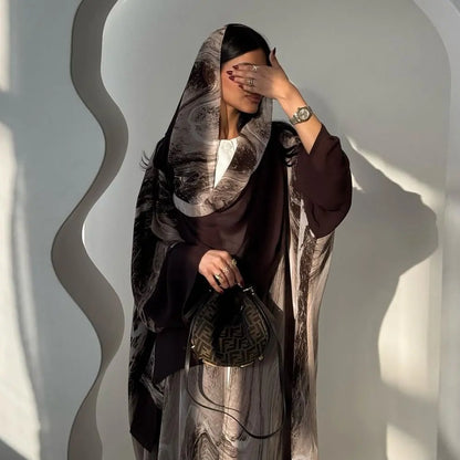 Robe abaya ouverte en mousseline imprimée avec hijab assorti #25222