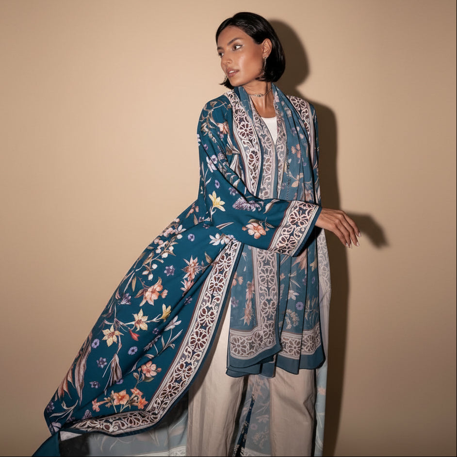 Robe Abaya ouverte imprimée avec hijab assorti #25MQ223