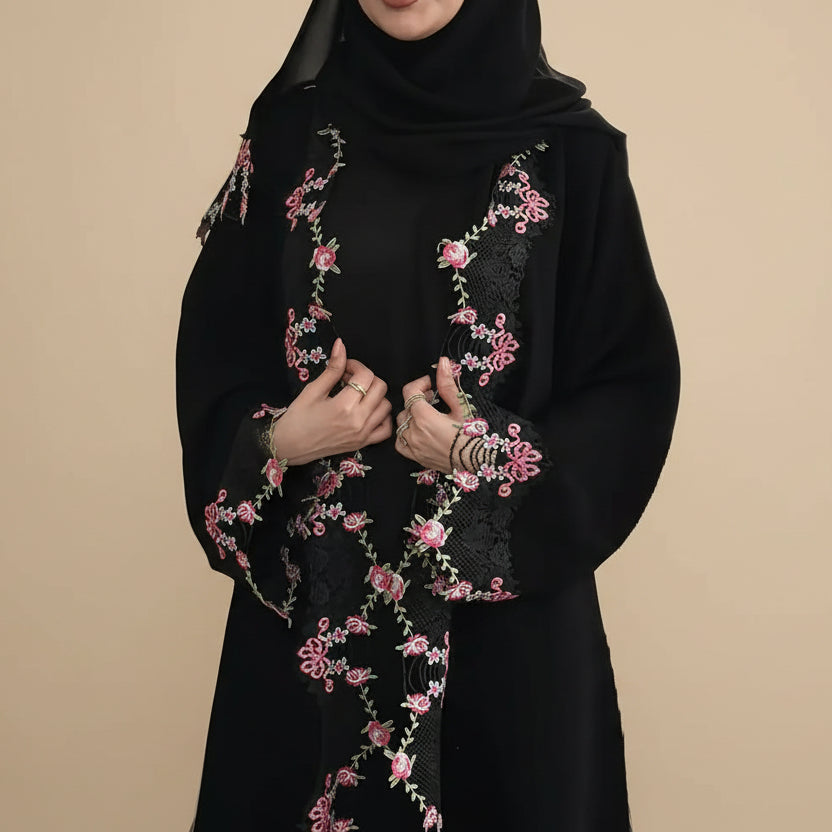 Muslim Women Embroidered Lace Open Abaya Dress #26M275