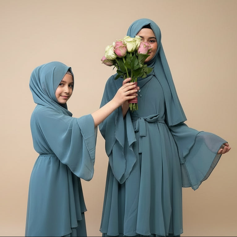 Robe Abaya ouverte assortie en mousseline de soie à 3 couches pour mère et fille musulmanes avec foulard hijab
