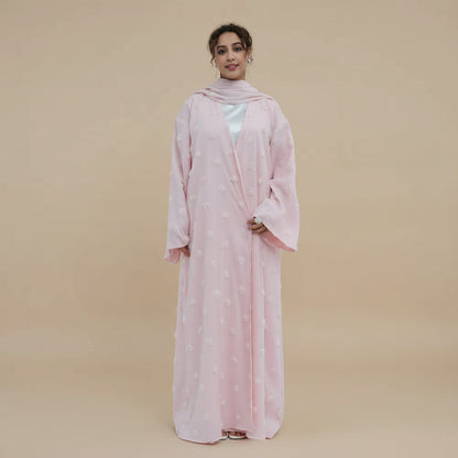 3D Floral Embellishments Open Abaya Dress - Double Layers Fabric - With A Matching Hijab - For Muslim Women - #261187