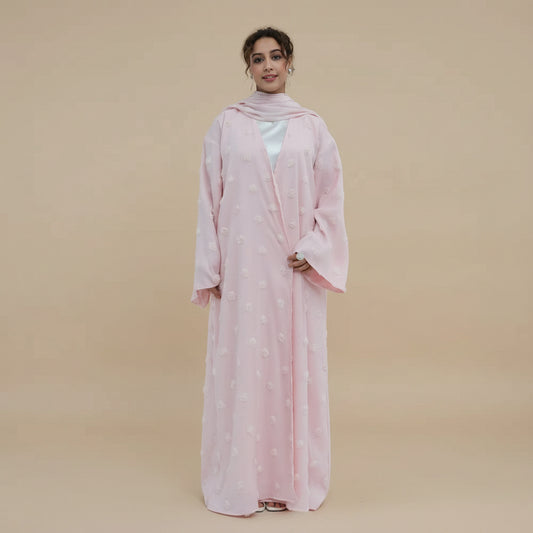 3D Floral Embellishments Open Abaya Dress - Double Layers Fabric - With A Matching Hijab - For Muslim Women - #261187