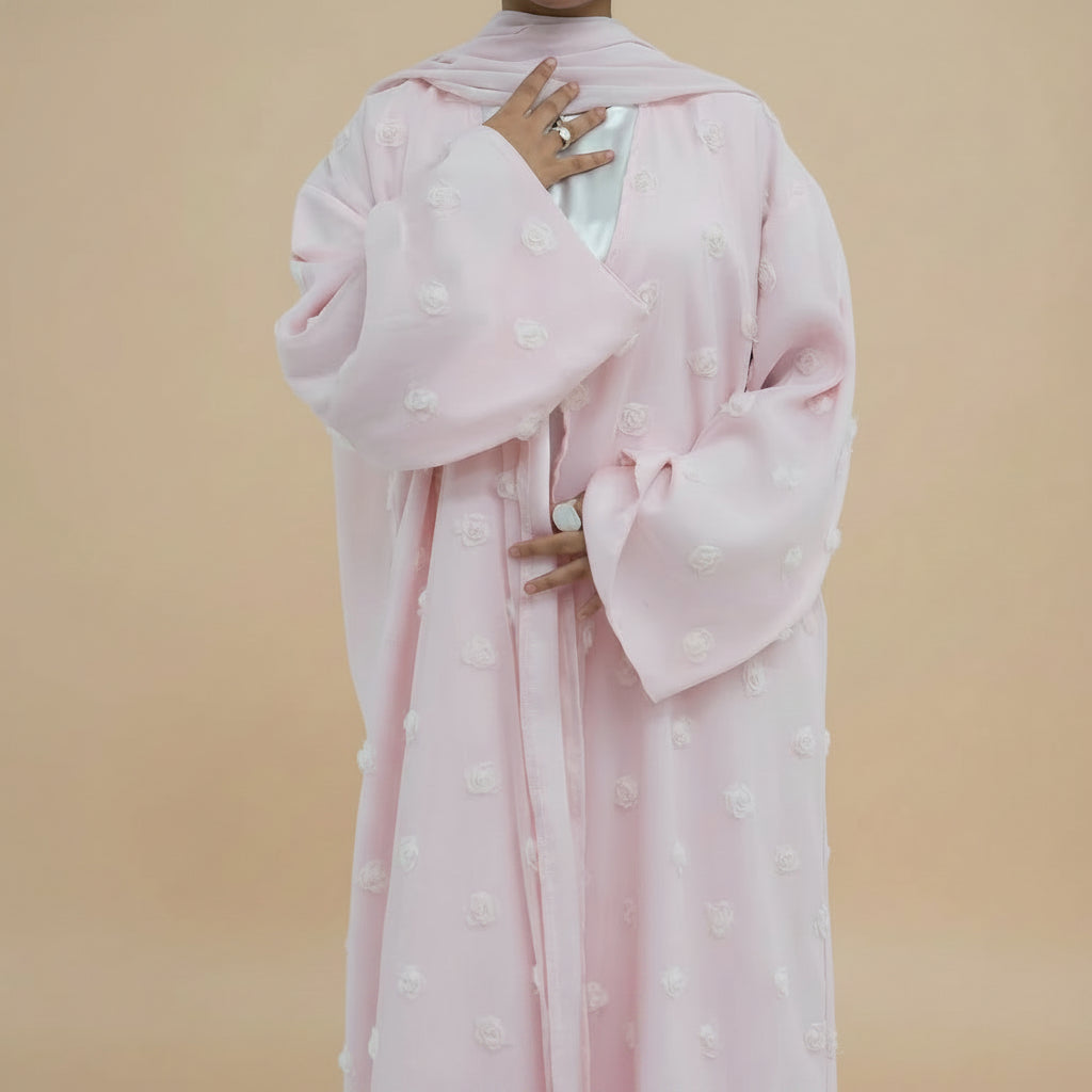 Muslim Women 3D Floral Embellishments Double Layers Open Abaya Dress With Hijab #261187