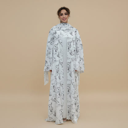 Satin Printed Open Abaya Dress For Women - Lining optional - With A Matching Hijab - #261304