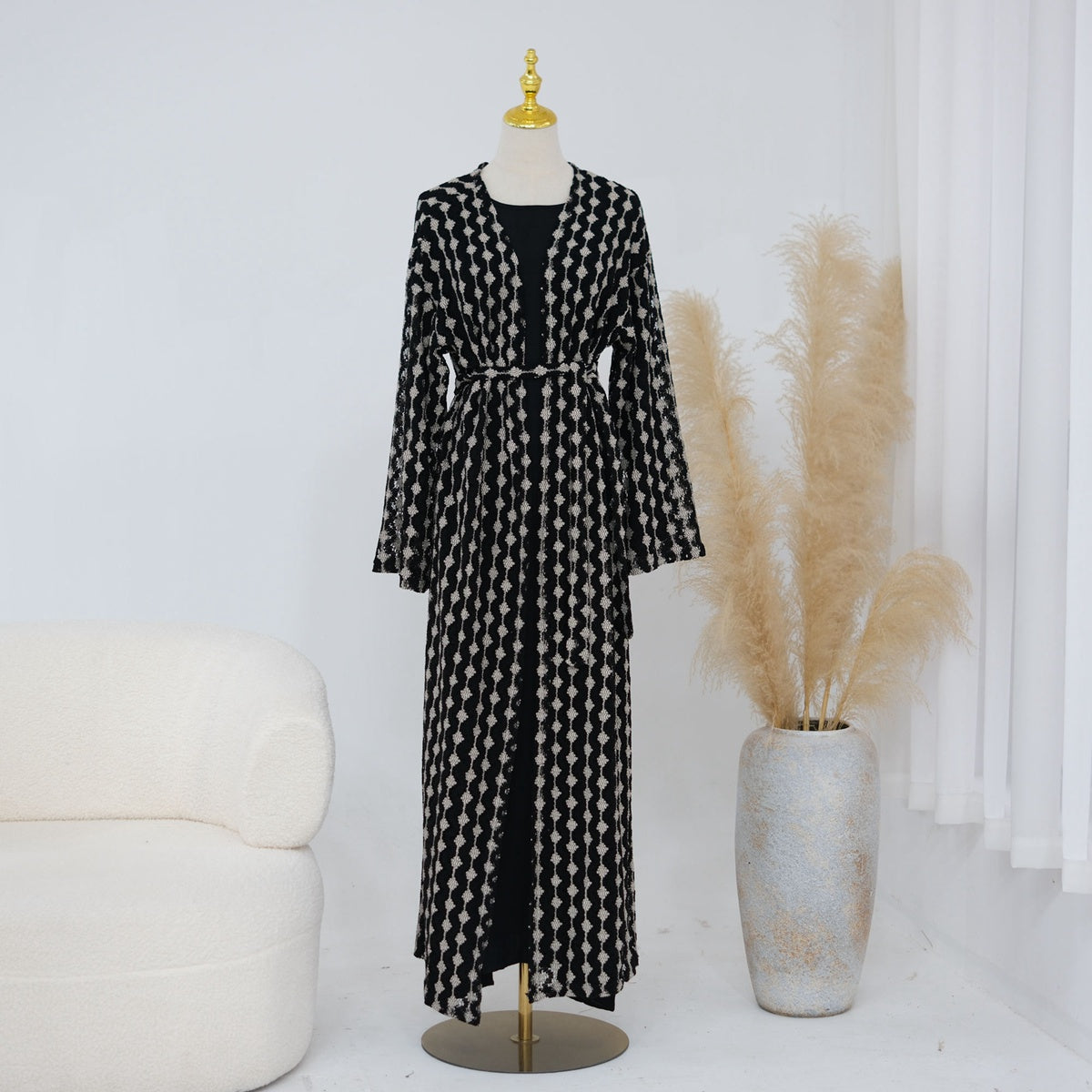 Lace Knitting Openwork Flower Lace Open Abaya Dress - For Muslim Women - #261307