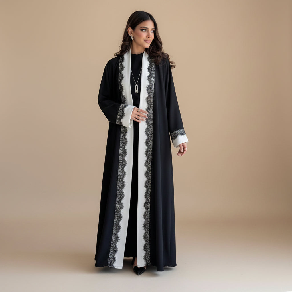 Lace Open Abaya Dress - Black - For Muslim Women - #26M266